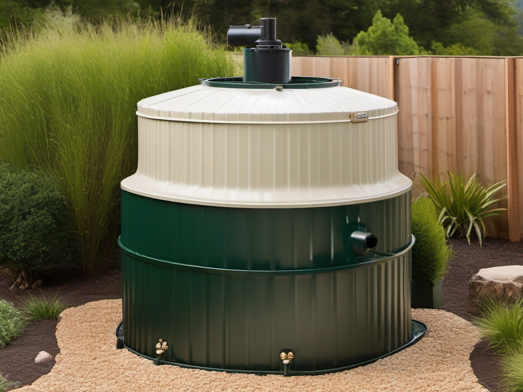 Dark green rainwater tank with pump and filtration assembly