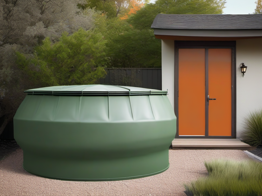Rainwater tank installation with roofline, native landscaping, and a clean off-white backdrop