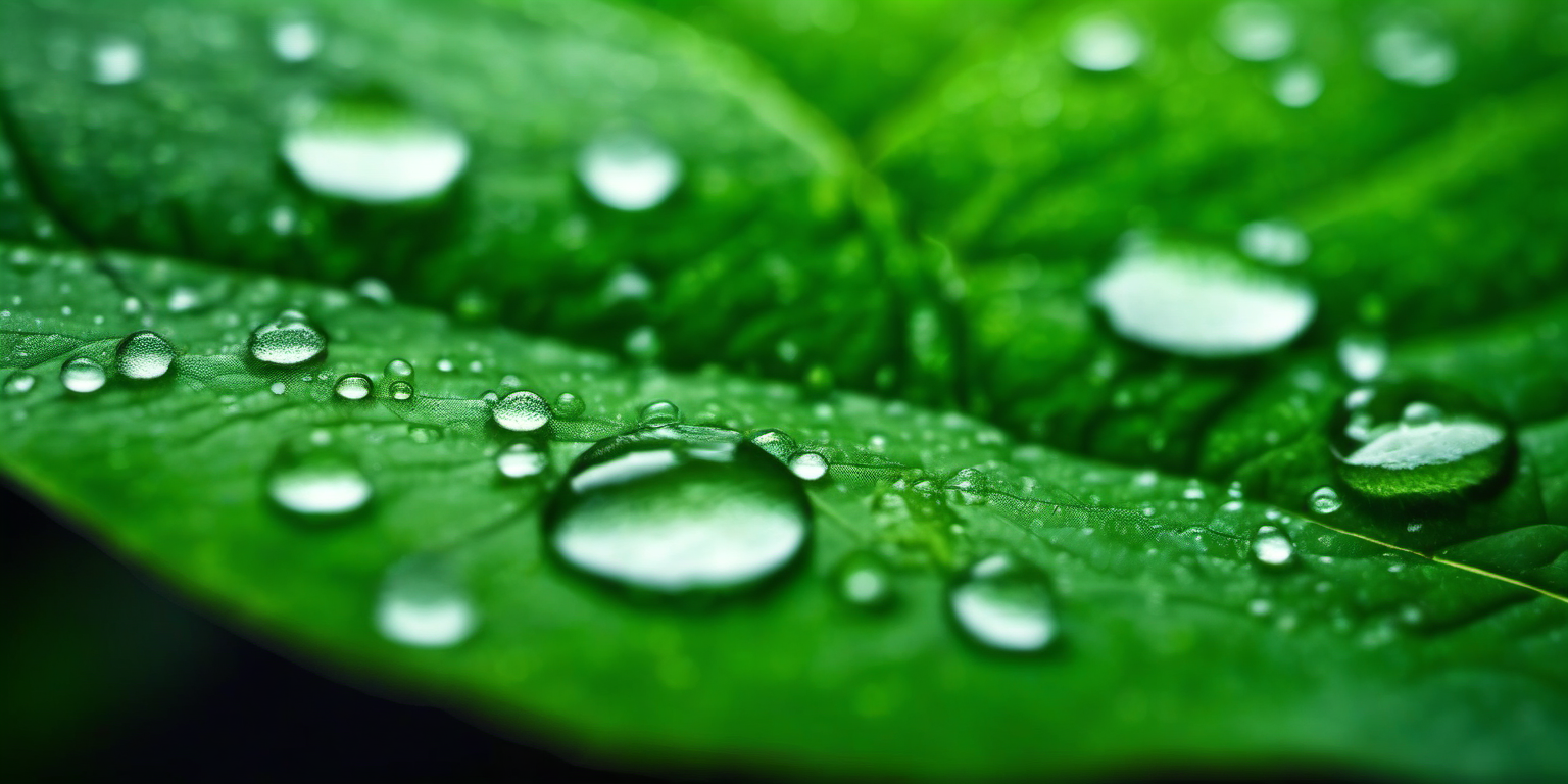 Close-up leaf with water droplets in rich green light