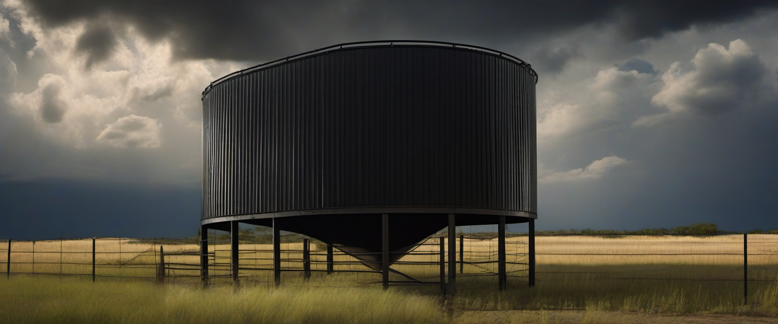 Large rainwater storage tank on a ranch under a storm sky