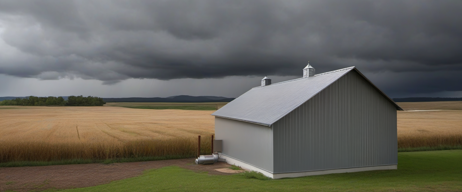 Rural structure and collection setup beneath a dark sky
