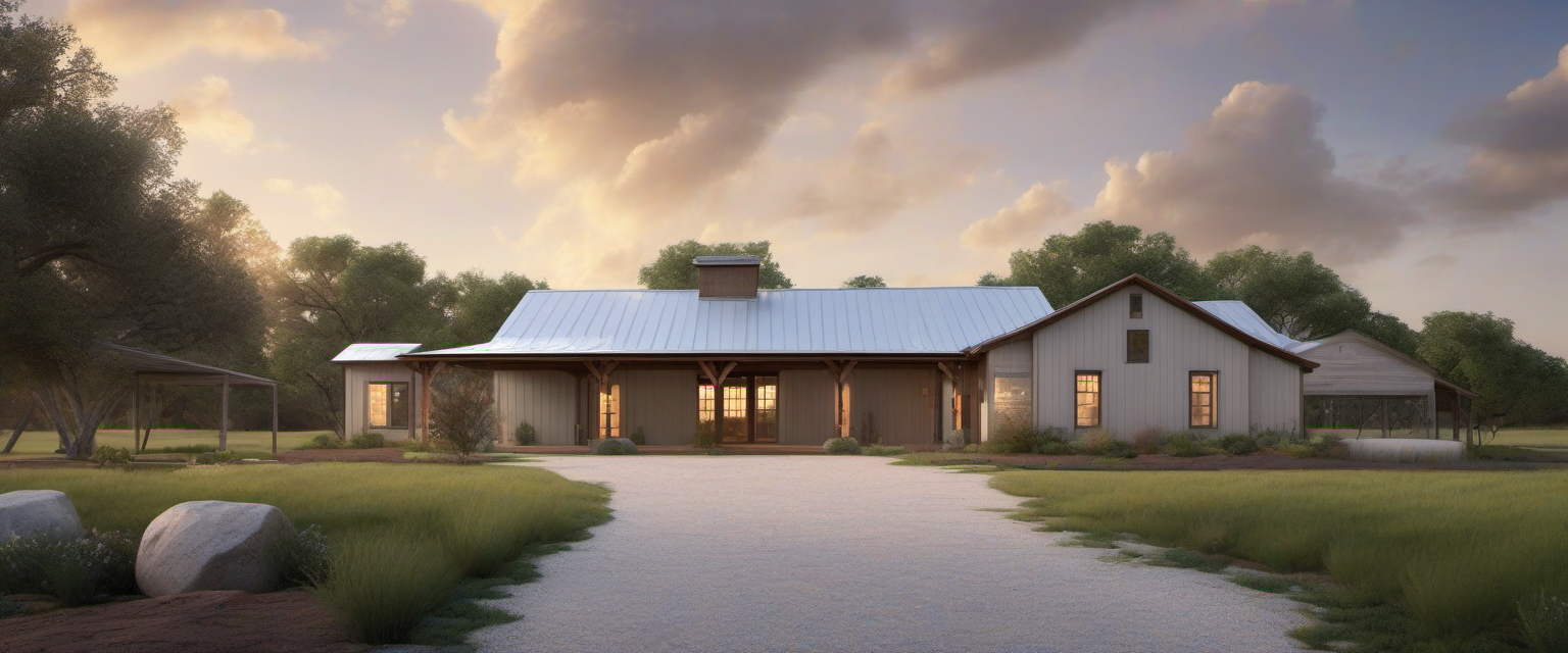 Rural home and property at sunset with broad open sky